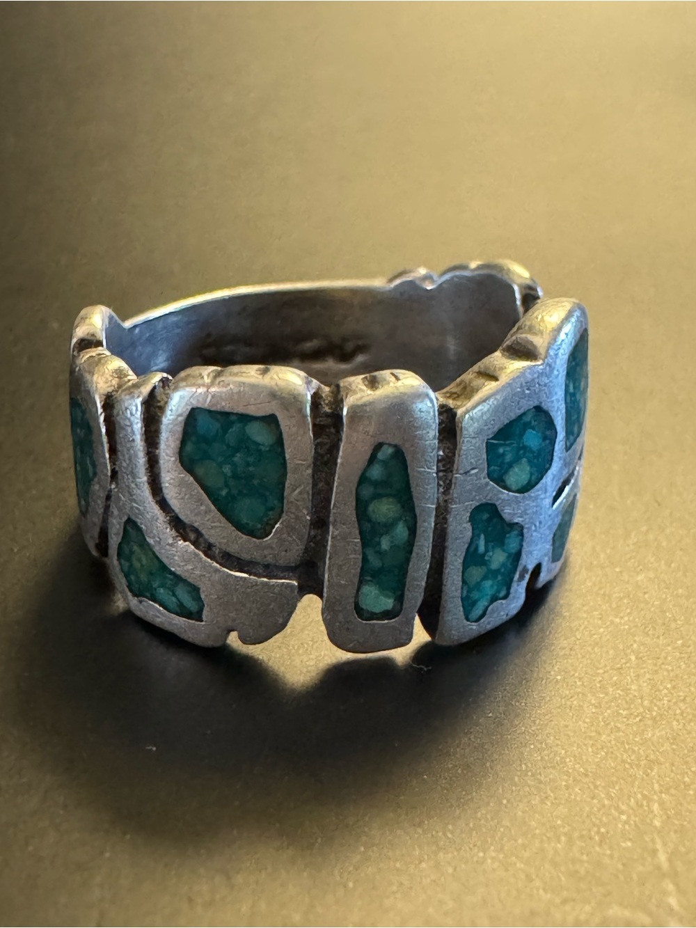 Sterling Silver Turquoise Inlay Wide Mosaic Band Ring Size 5.75